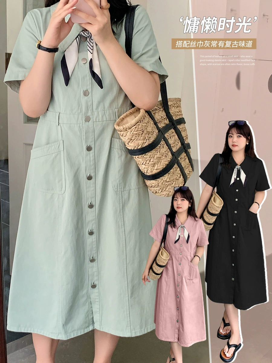 Vintage Cotton Denim Midi Dress - Elegant A-Line Long Dress with Scarf Collar