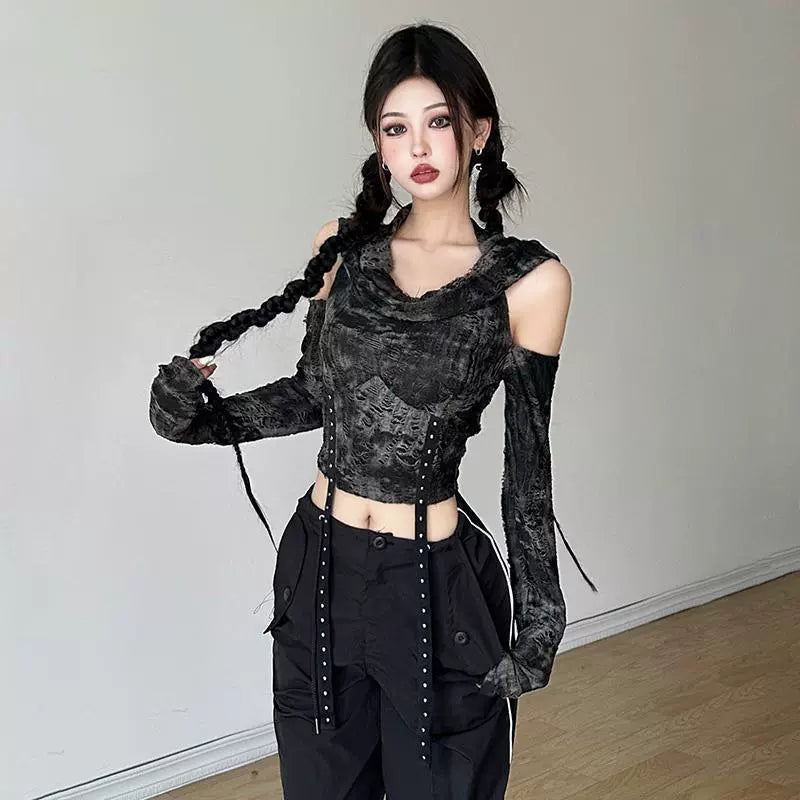 Y2K Off-Shoulder Hooded Long Sleeve T-Shirt - Sexy Slimming Black Top