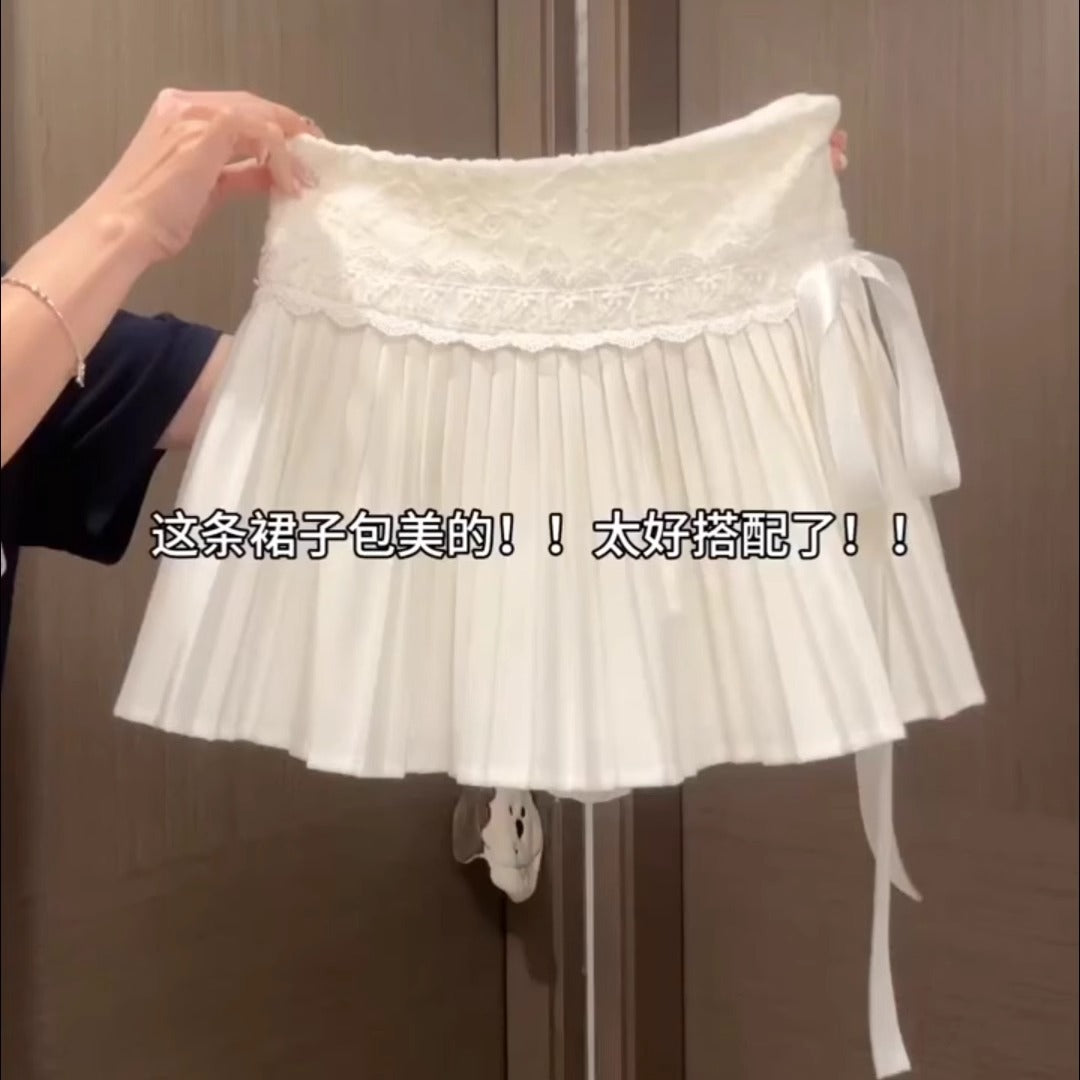 Sweet Lace-Patchwork Tiered Skirt - Romantic Bow-Tie Pleated Mini Skirt