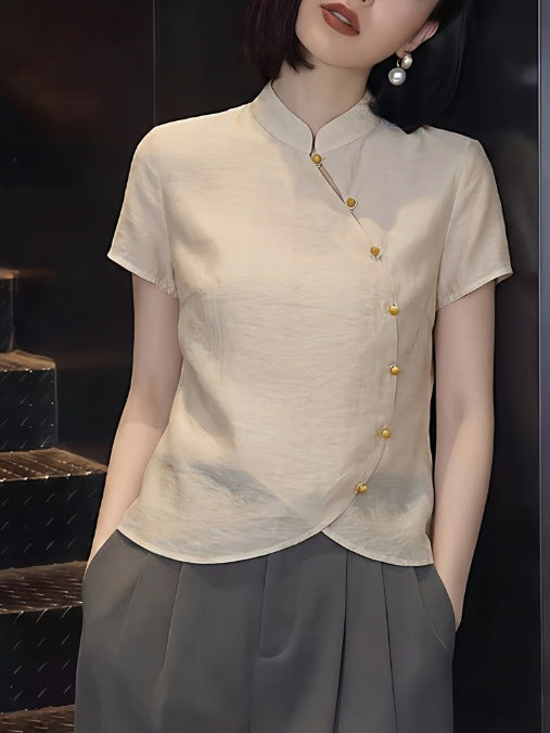 Modern Oriental Stand Collar Blouse - Elegant Slanted Placket Summer Top