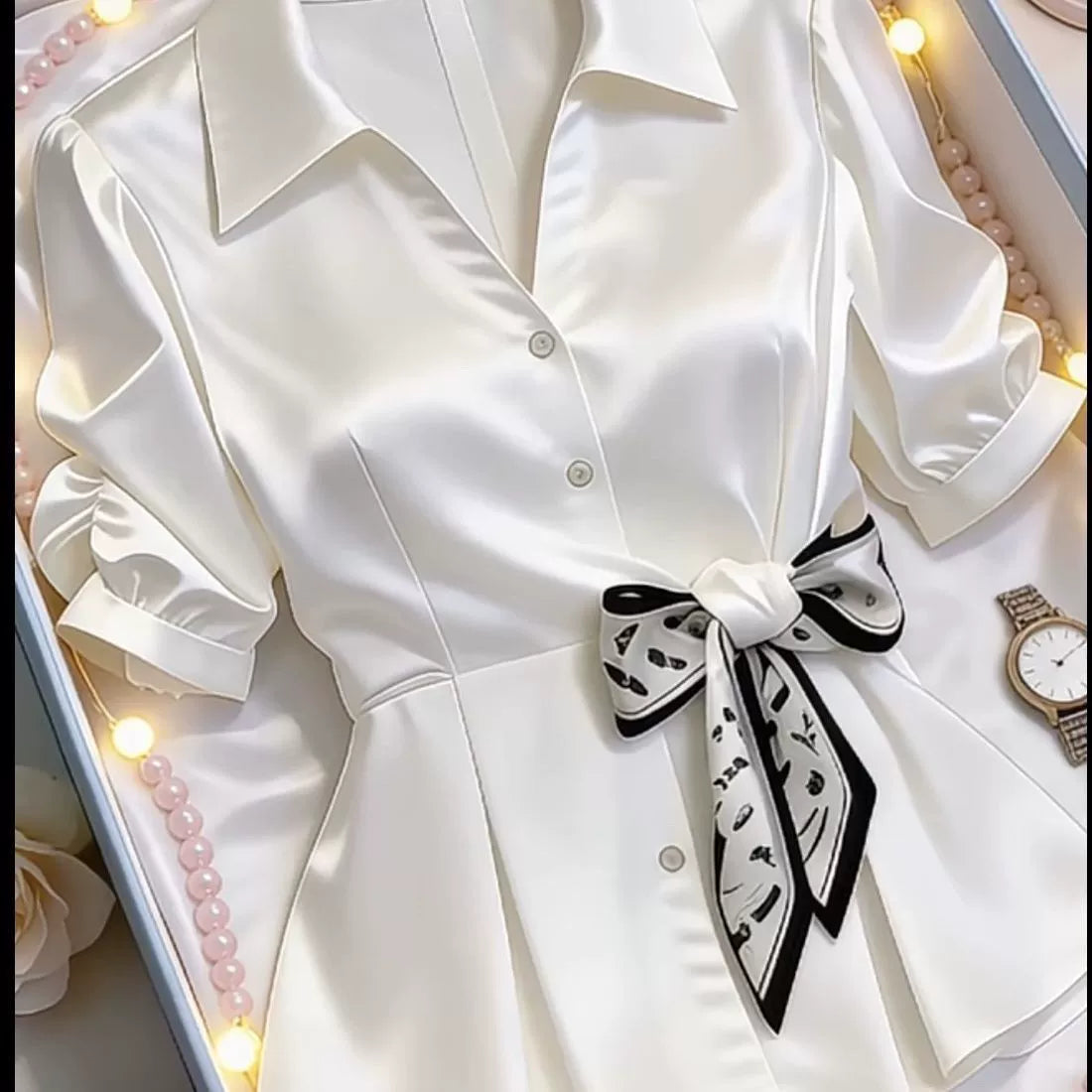 V-Neck Tie-Waist Slimming Blouse - Chic White Short Sleeve Top for Women