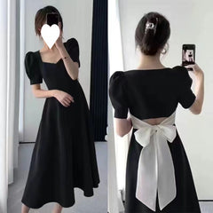 Vintage French Style Square Neck Midi Dress - Classic Black Slimming Gown