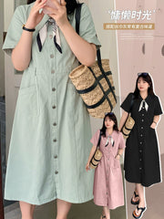 Vintage Cotton Denim Midi Dress - Elegant A-Line Long Dress with Scarf Collar