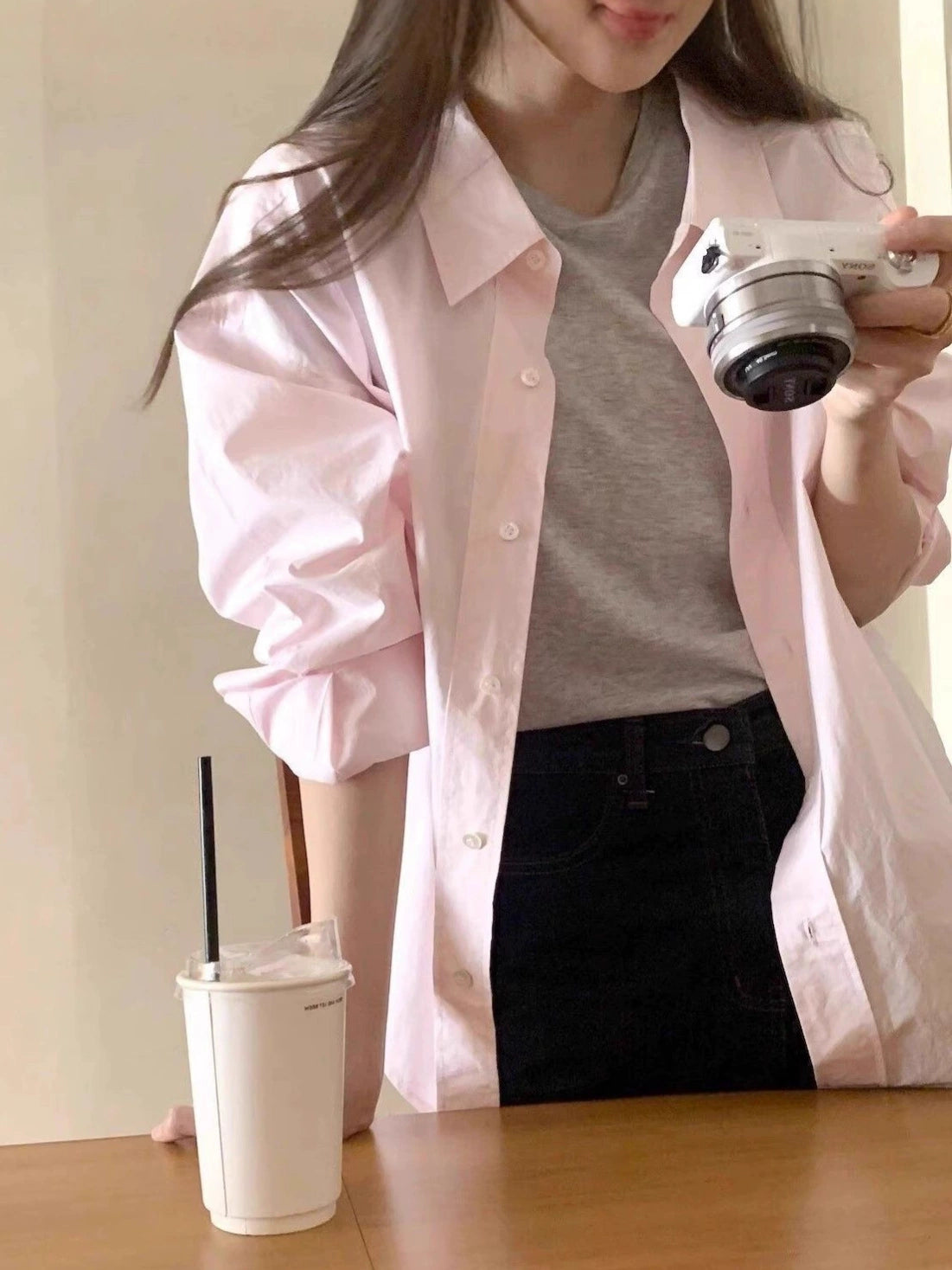 Minimalist Pastel Pink Button-Down Blouse - Chic Korean Style Cotton Shirt