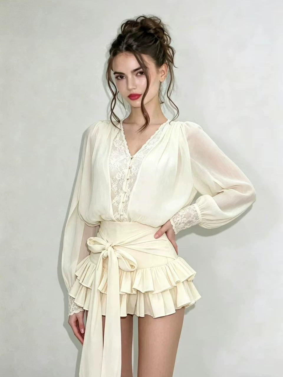 High-Waisted Bow Puff Mini Dress - Sexy Long Sleeve Party Gown for Women