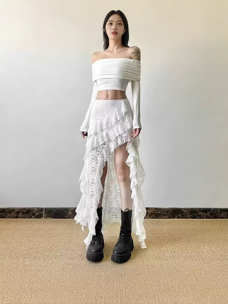 Boho Irregular Ruffle Midi Skirt - Elegant Lace Patchwork Flowy Skirt