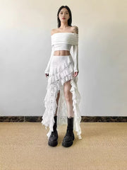 Boho Irregular Ruffle Midi Skirt - Elegant Lace Patchwork Flowy Skirt