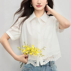 Lace Patchwork White Blouse - Chic Korean Style Short Sleeve Shirt for Women