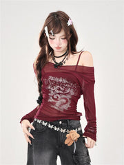 Sheer Mesh Print Off-Shoulder Top - Sexy Layering Sun-Protection Shirt
