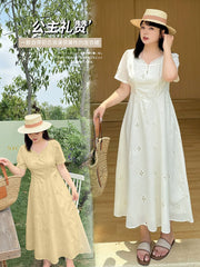 French Style Hollow-out Maxi Dress - Elegant A-Line Summer Gown for Women