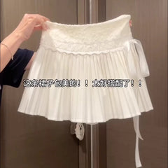 Sweet Lace-Patchwork Tiered Skirt - Romantic Bow-Tie Pleated Mini Skirt