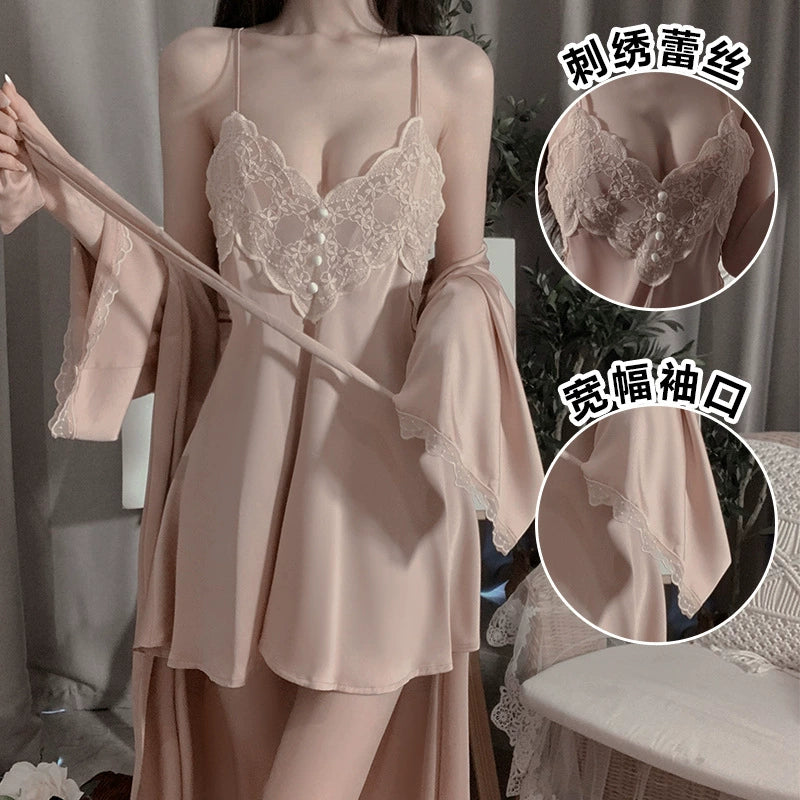 Sweet Lace Embroidery Sleepwear Set - Sexy Backless Cami Nightgown & Robe