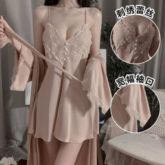 Sweet Lace Embroidery Sleepwear Set - Sexy Backless Cami Nightgown & Robe