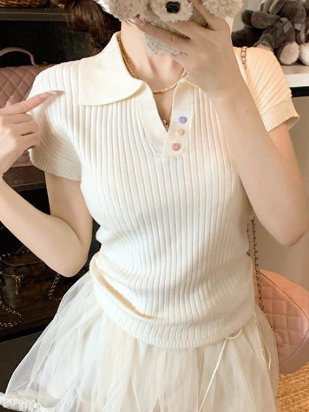Ruched Polo Short Sleeve Knit Top - Chic Summer Ribbed T-Shirt