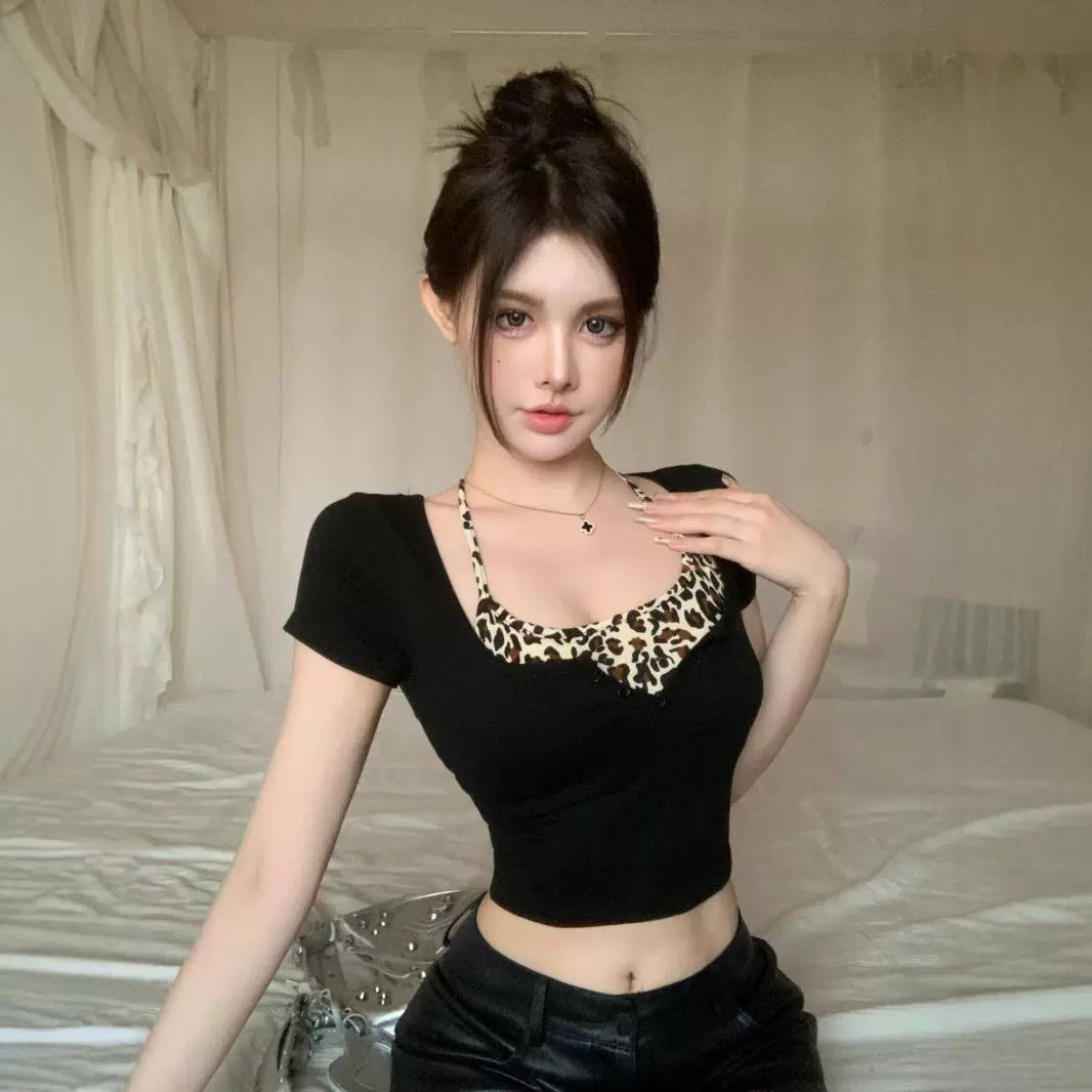 Sexy Y2K Leopard Print Patchwork Crop Top