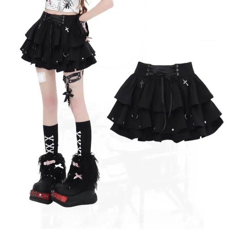 Punk Style Tiered Puffy Skirt - Edgy Lace-Up High-Waisted Mini Skirt