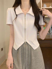 Embroidered Zip-Up Polo T-Shirt - Chic Korean Style Short Sleeve Top